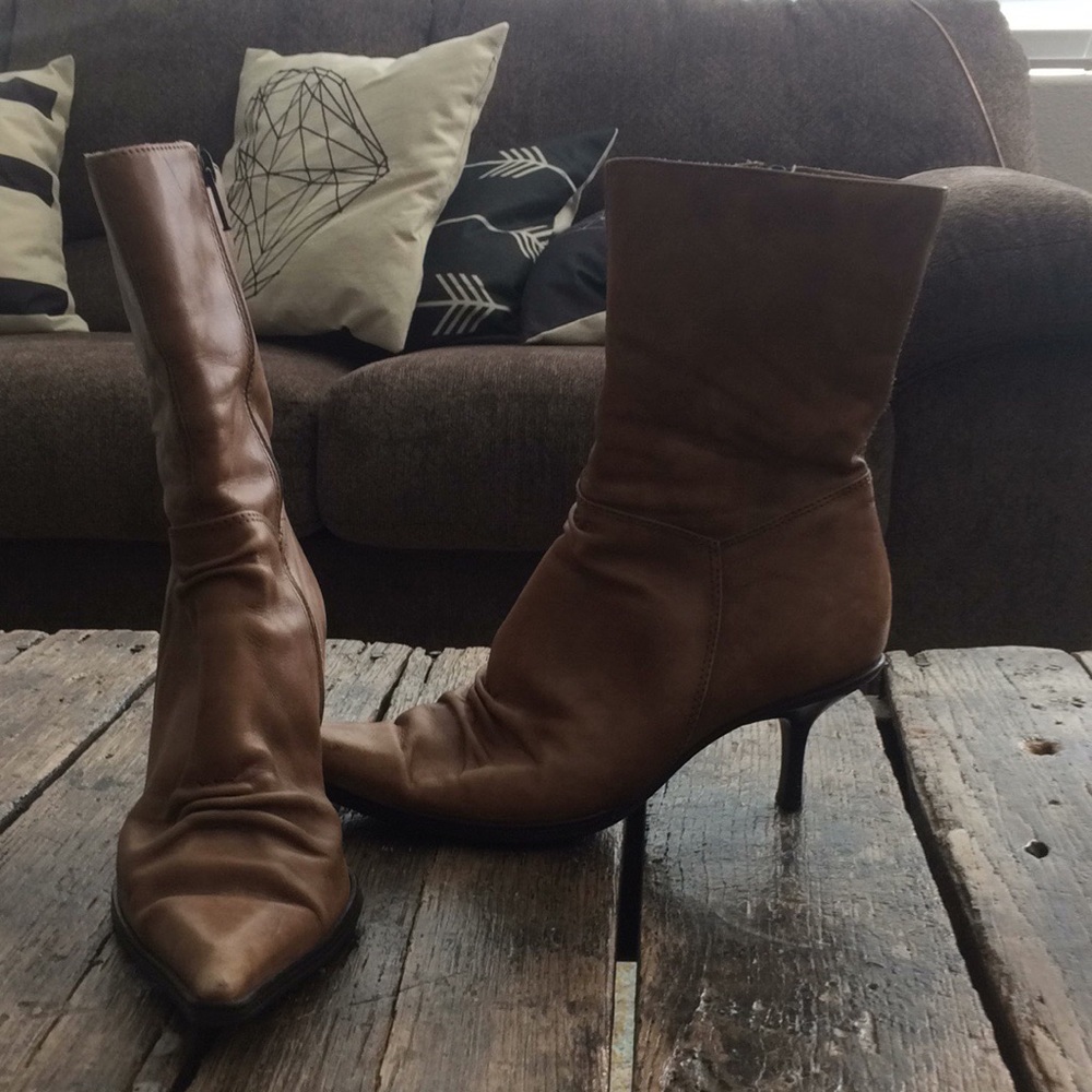 Aldo tan leather mid-calf stiletto boots sz 38